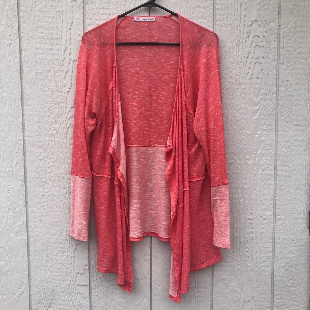 light, coral and pink colored Maurices cardigan